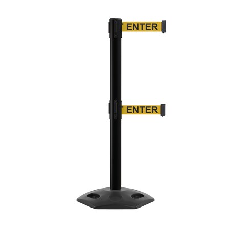 Montour Line Stanchion Dual Belt Barr. Rubber Base Black Post 9ft.Cau.Belt P400DHDRB-BK-CAUYB90